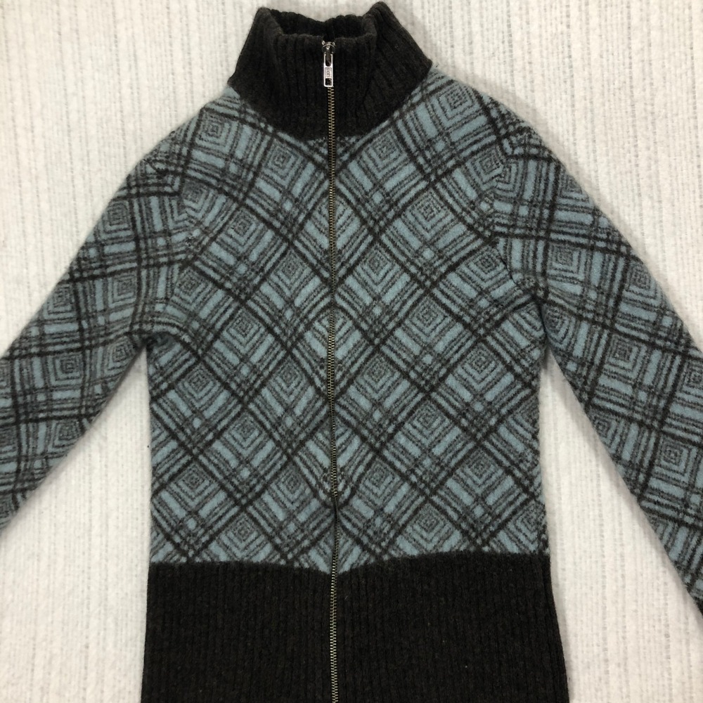 Nine West Wool‎ Blend Full Zip Sweater Plaid Mock Neck Brown Blue Women's Size L